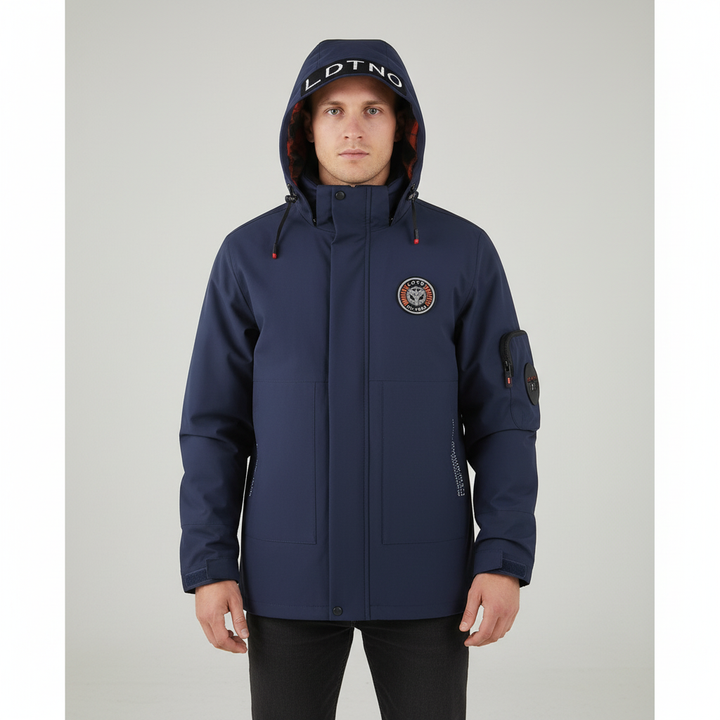 Folded black men's polyester windbreaker jacket, highlighting its lightweight and compact design