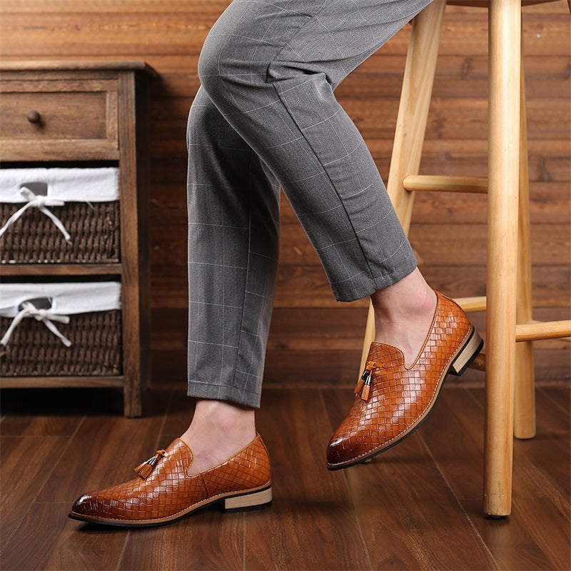 Stylish brown men's woven tassel dress loafers, perfect for formal occasions.