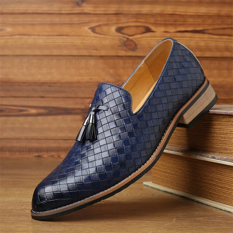 Navy men's slip-on woven tassel loafers, combining comfort with classic style.