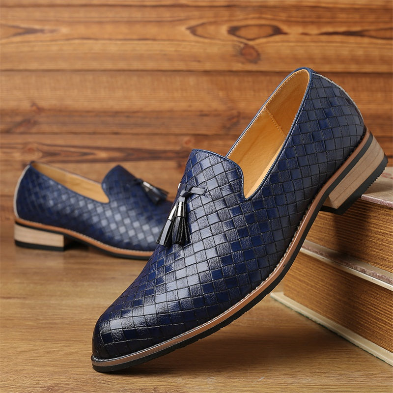 Gray woven tassel dress loafers for men, an elegant and smart casual choice.