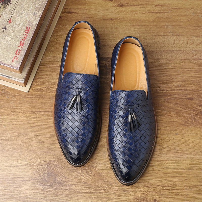 Men's black woven tassel loafers, a comfortable and stylish formal shoe.