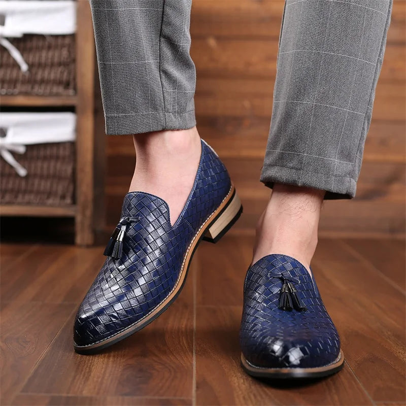 Brown classic woven tassel loafers, comfortable slip-on dress shoes for men.