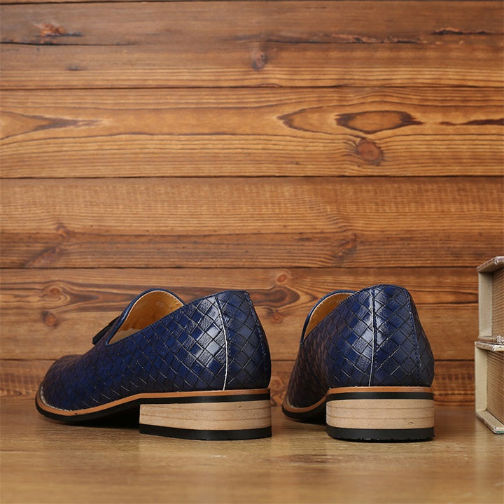 Navy men's woven design tassel loafers, a formal and stylish footwear option.