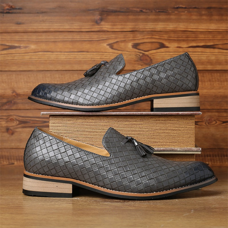 Brown woven tassel slip-on loafers, combining comfort with formal style for men.
