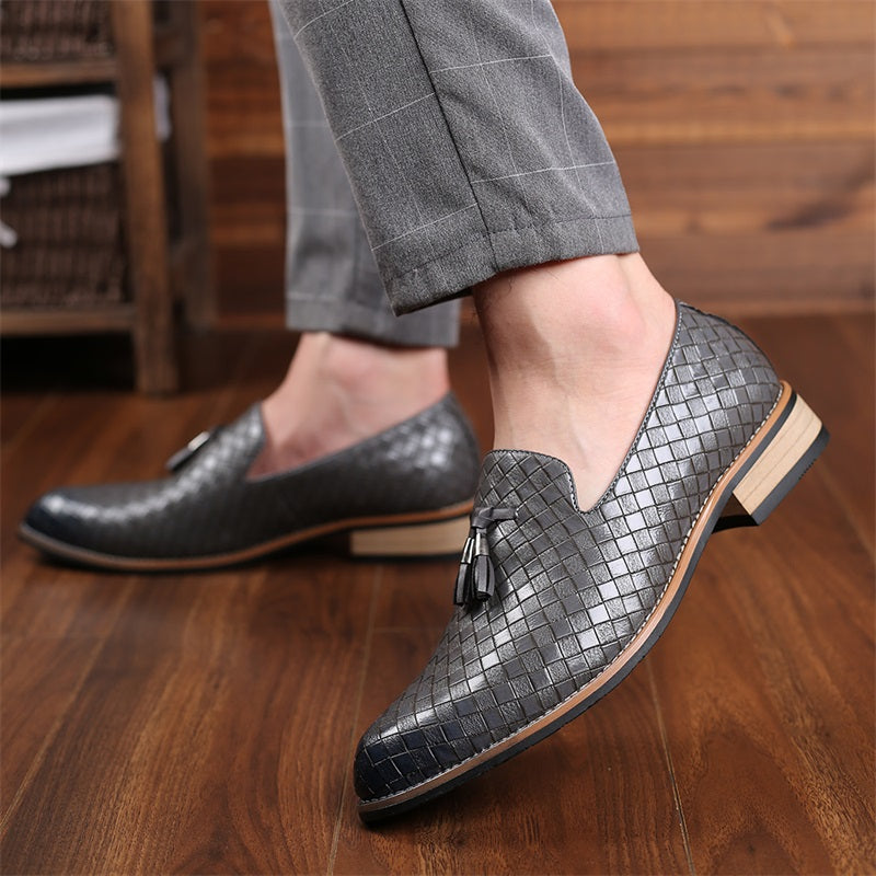Navy men's formal woven tassel loafers, perfect for a smart casual look.