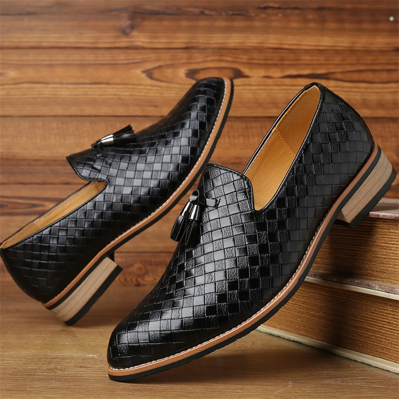 Stylish brown woven tassel loafers for men, comfortable slip-on dress shoes.