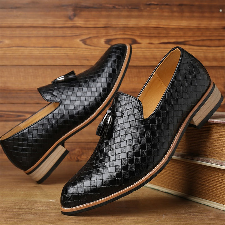 Stylish brown woven tassel loafers for men, comfortable slip-on dress shoes.