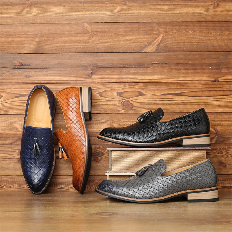Gray woven design tassel loafers, comfortable and stylish dress shoes for men.