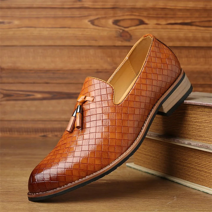 Black men's woven tassel dress shoes, ideal classic style for stylish men.