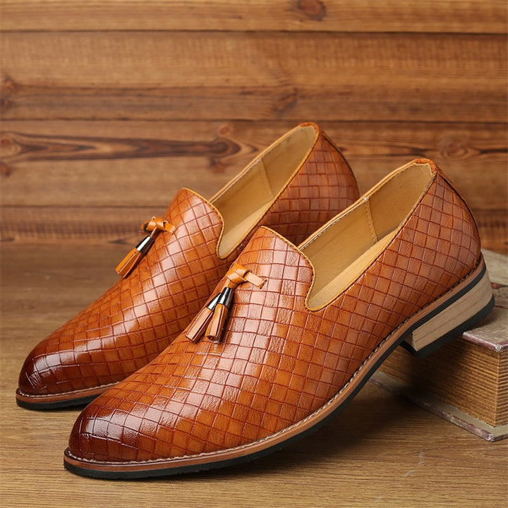Brown woven tassel loafers, comfortable and formal footwear for men.
