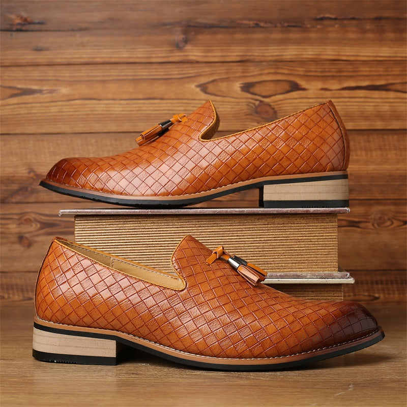 Navy blue men's woven tassel loafers, versatile smart casual and dress shoes.