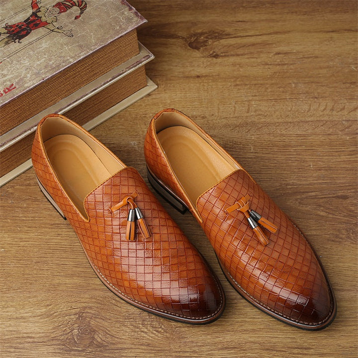 Gray woven tassel men's loafers, sophisticated slip-on dress footwear.
