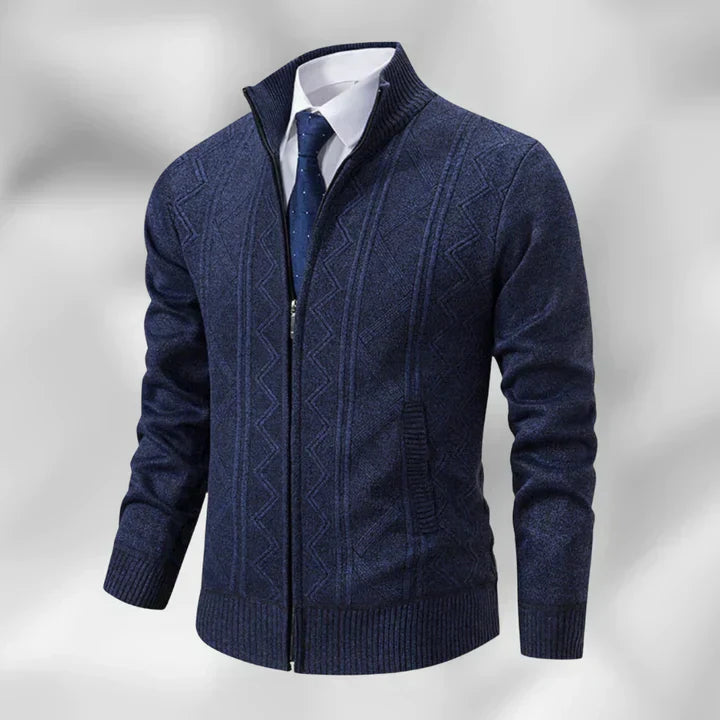 Men's black zip-up cardigan with stand collar, perfect for smart casual layering. Elegant and comfortable long sleeve top.