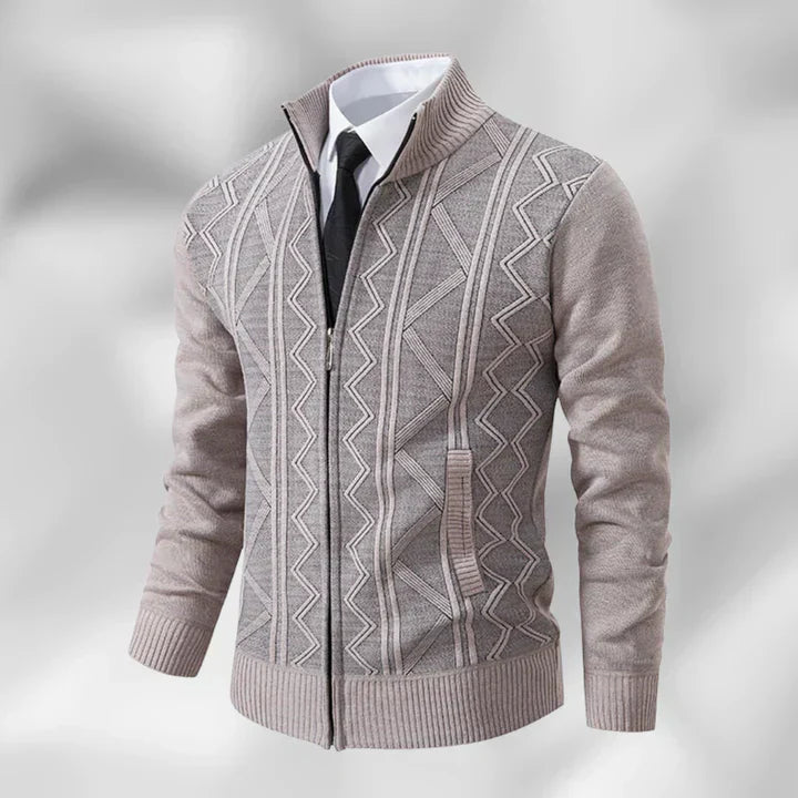 Versatile men's zip-up stand collar cardigan, ideal smart casual or business attire. Great autumn/winter layering piece.