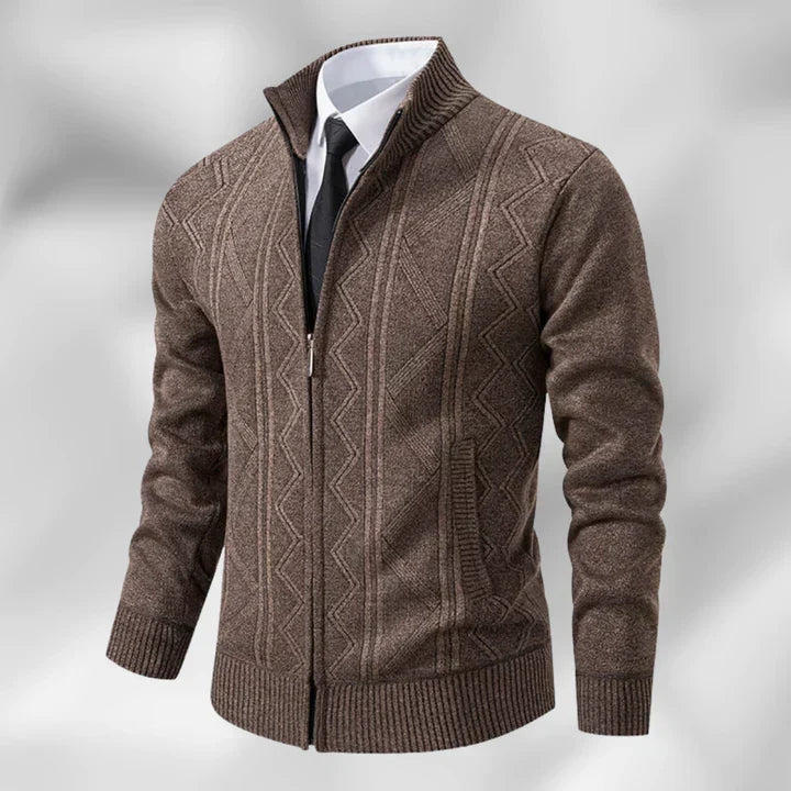 Comfortable men's long sleeve zip-up cardigan with stand collar. Elegant smart casual layer for versatile autumn wear.