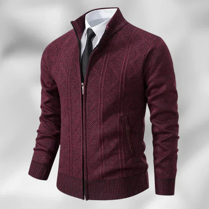Stylish men's zip-up stand collar cardigan, a smart casual layering piece. Perfect for business or autumn/winter outfits.