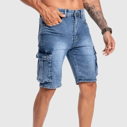 Men's blue denim cargo shorts with multiple pockets, ideal for casual summer wear.