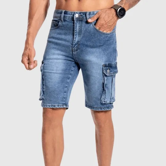 Comfortable men's distressed denim shorts, cargo style with side pockets, perfect for summer.