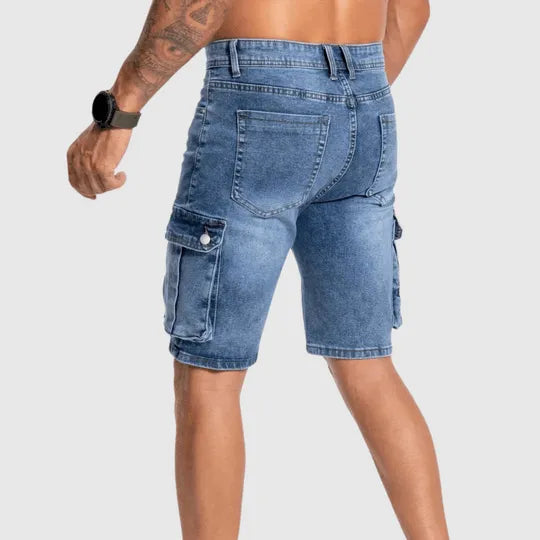 Jonas men's casual denim cargo shorts, light wash, shown folded against a white background.