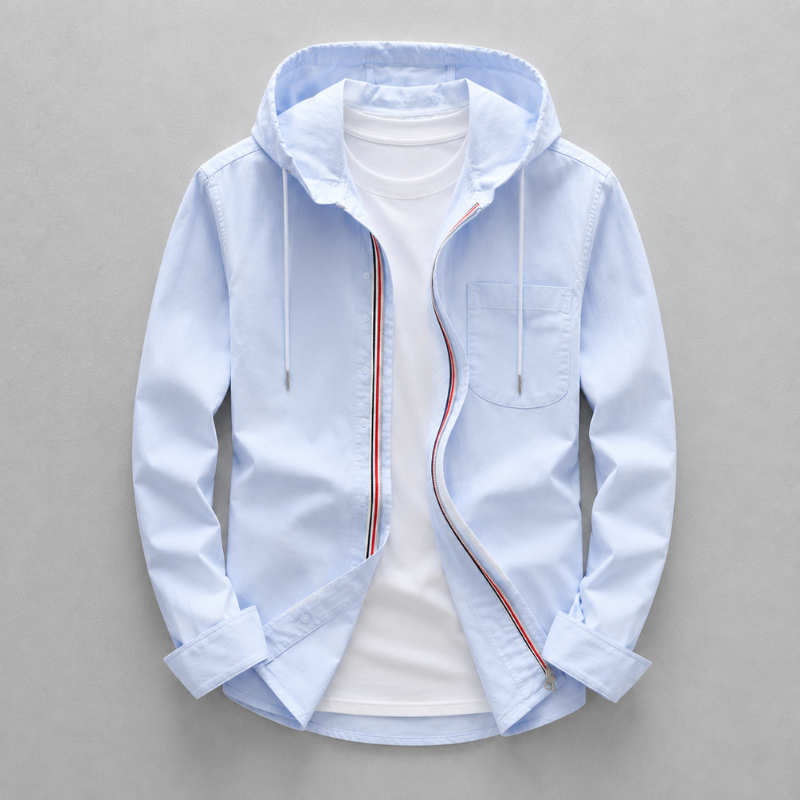 Men's blue lightweight oxford hooded shirt, perfect for casual spring/summer wear, offering tailored comfort & relaxed style.