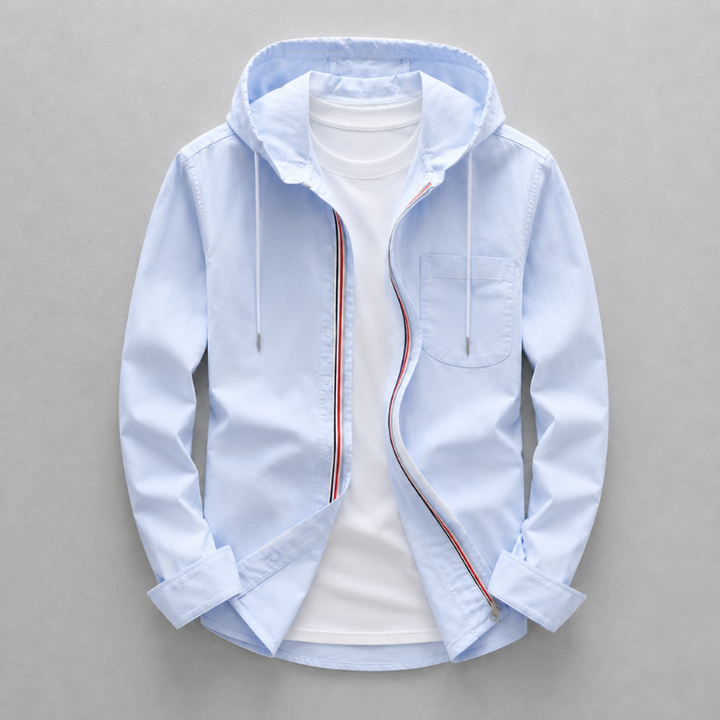 Men's blue lightweight oxford hooded shirt, perfect for casual spring/summer wear, offering tailored comfort & relaxed style.