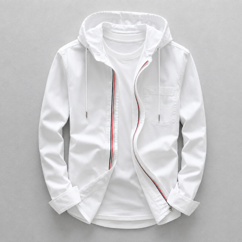Versatile men's white lightweight oxford hooded shirt for everyday comfort. Ideal for spring, summer, and casual outings.