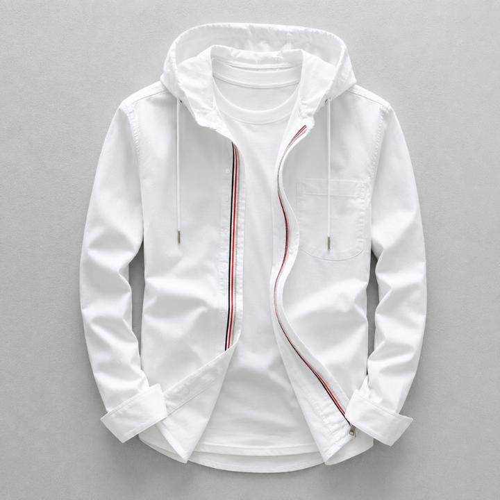 Versatile men's white lightweight oxford hooded shirt for everyday comfort. Ideal for spring, summer, and casual outings.