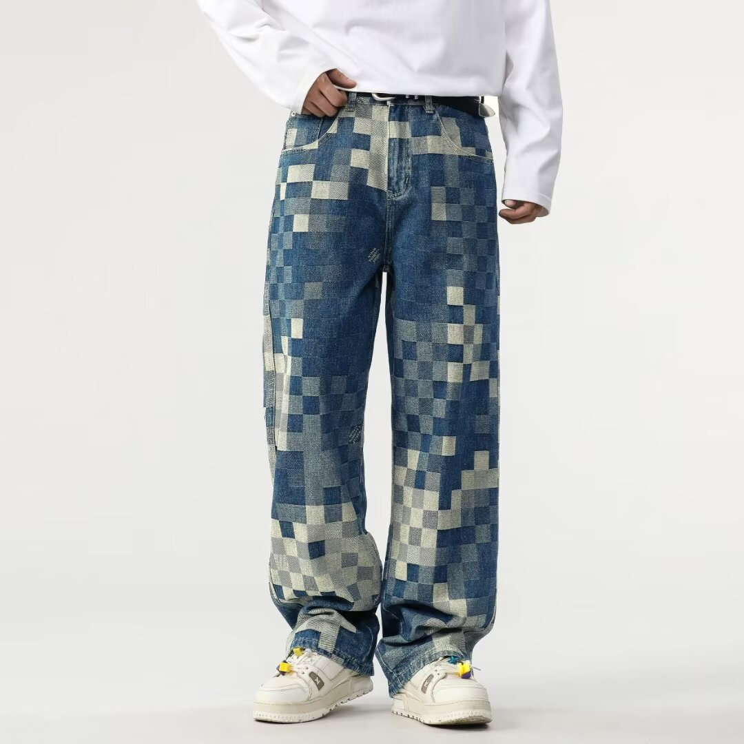 Men's blue mosaic pixel fade relaxed straight jeans for a unique streetwear look.