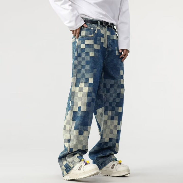 Stylish black mosaic pixel fade men's jeans. Relaxed straight fit, perfect for casual streetwear.