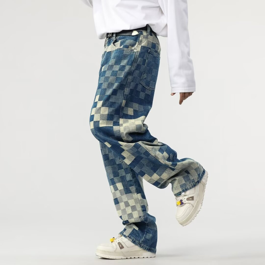 Comfortable men's relaxed straight jeans with a distinct mosaic pixel fade design. Casual & stylish.