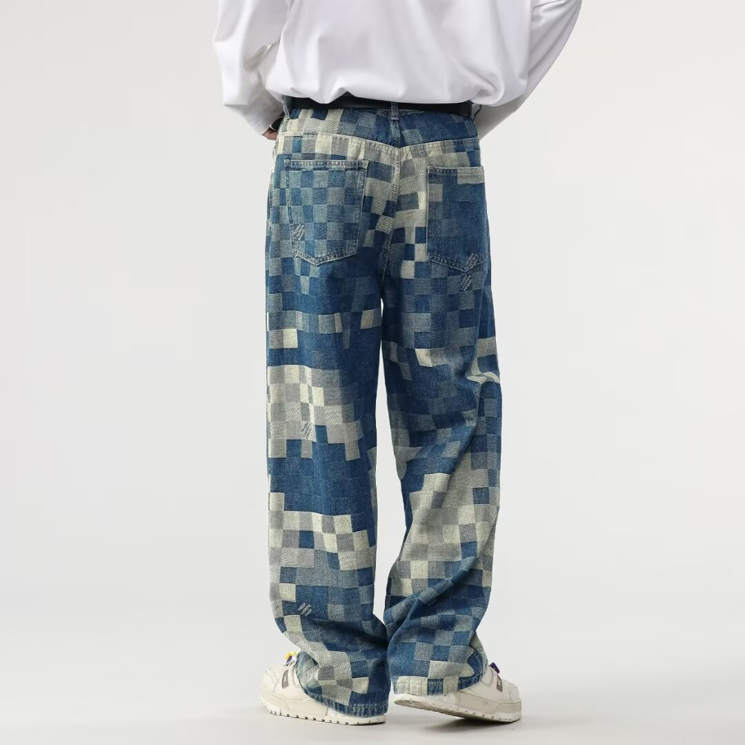 Unique men's mosaic pixel fade jeans. Relaxed straight leg fit, ideal for modern streetwear.