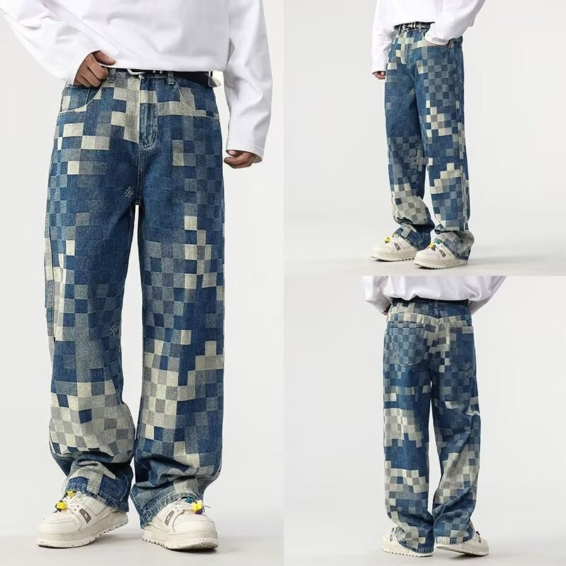 Blue mosaic pixel fade men's relaxed fit straight leg jeans. Stylish, comfortable casual wear.