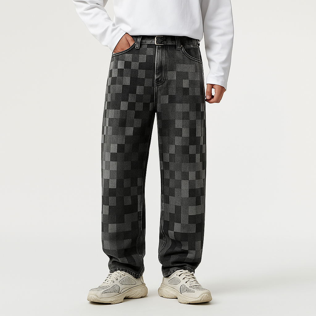 Black men's casual jeans with a mosaic pixel fade. Relaxed straight fit, streetwear aesthetic.