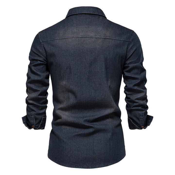 Classic men's black stretch denim shirt, modern fit. Long sleeve button-down, great for everyday casual wear.