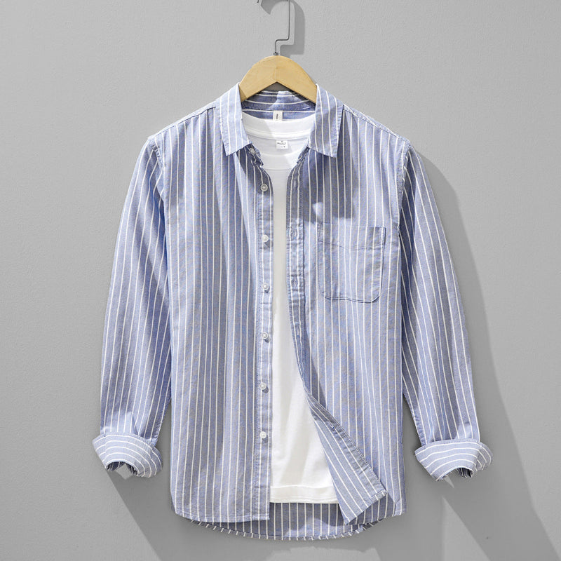 Men's blue striped casual button-down shirt, long sleeve for versatile everyday comfort and style.