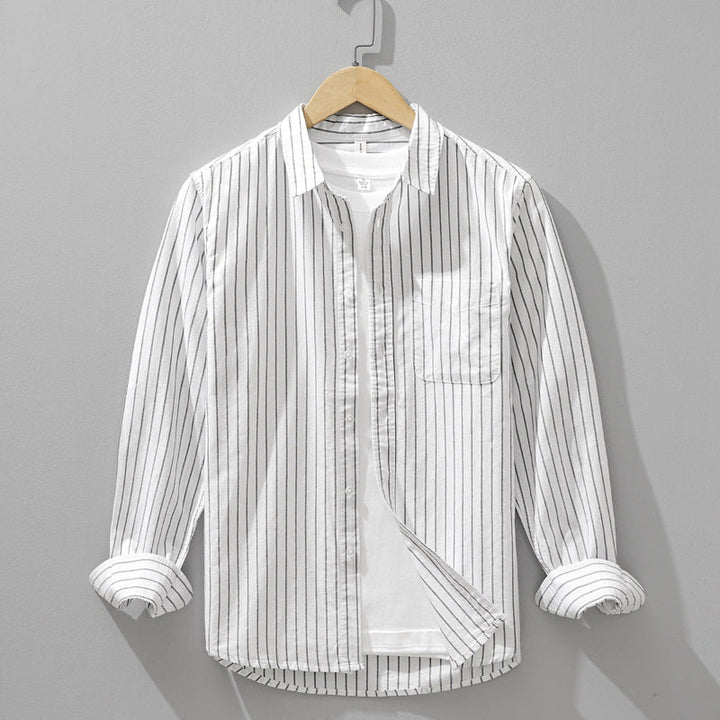 White striped men's casual button-down shirt, long sleeve, perfect for versatile everyday wear and fashion.