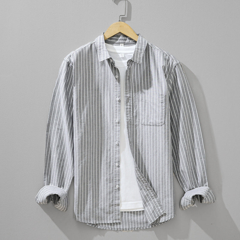 Gray striped long sleeve men's casual shirt, comfortable button-down for everyday men's fashion.