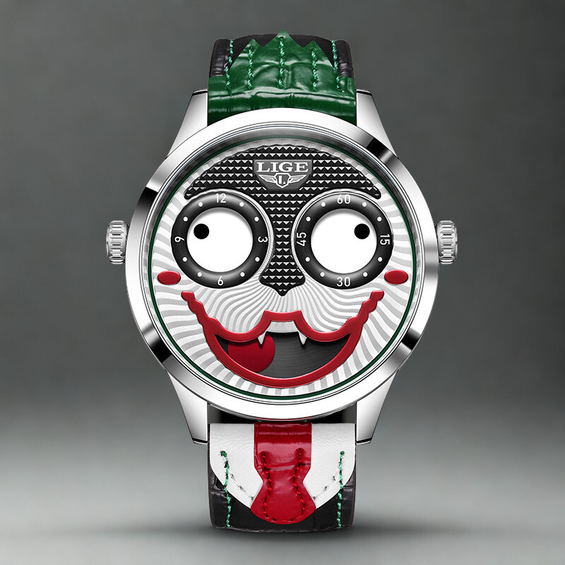 Men's bold chronograph watch with unique animated dial, stainless steel case & black leather strap.