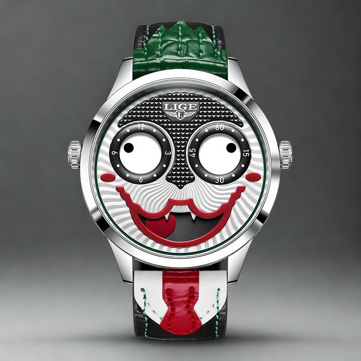 Men's bold chronograph watch with unique animated dial, stainless steel case & black leather strap.