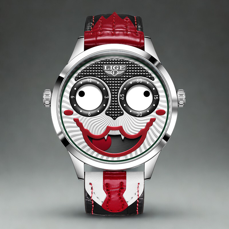 Side profile of men's bold chronograph watch, revealing the stainless steel case and leather strap.