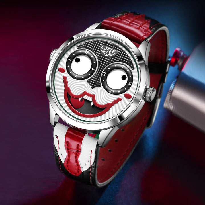 Front view of men's unique animated dial chronograph watch, a bold statement piece.