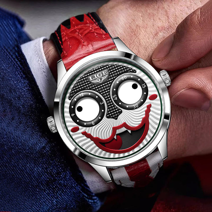 Textured leather strap of a men's bold chronograph watch, paired with a unique animated dial.