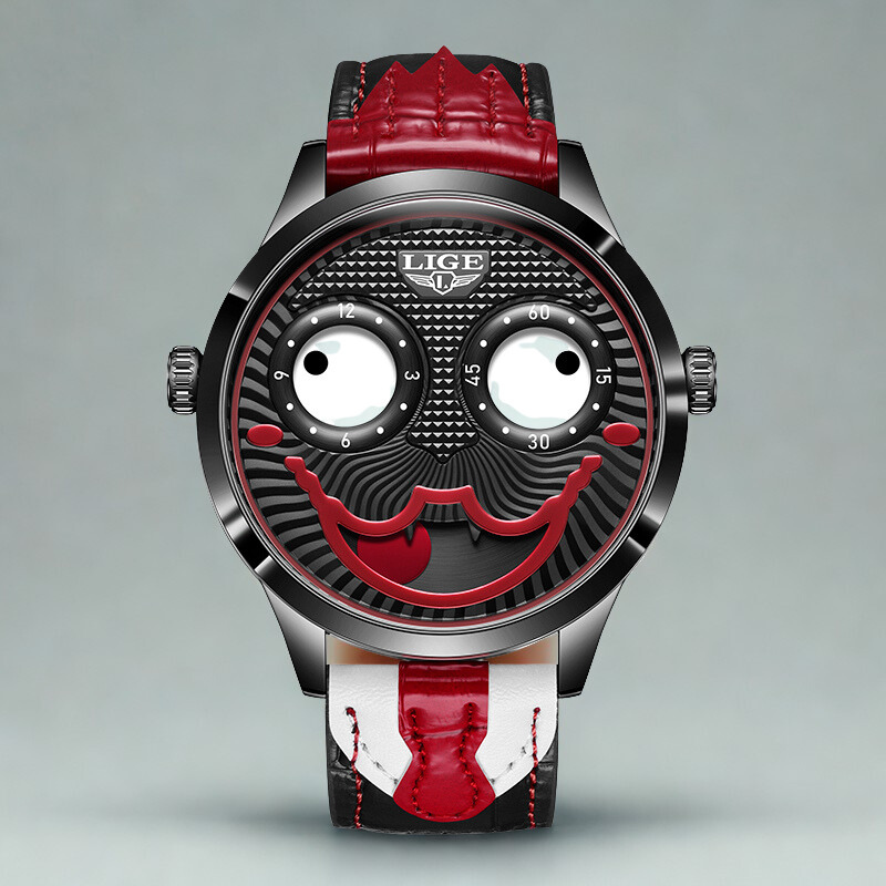 Top view of men's bold statement chronograph watch, with its distinctive animated dial.