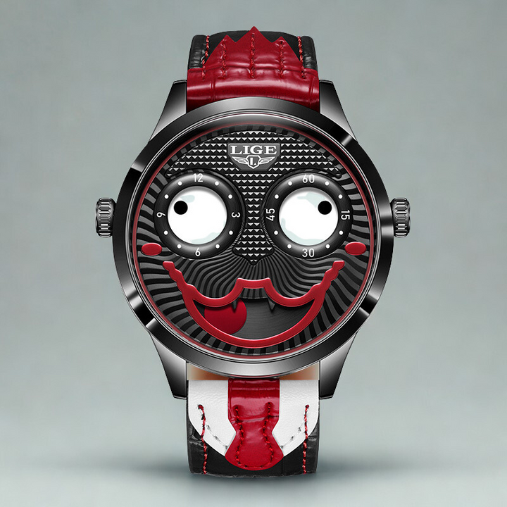 Top view of men's bold statement chronograph watch, with its distinctive animated dial.