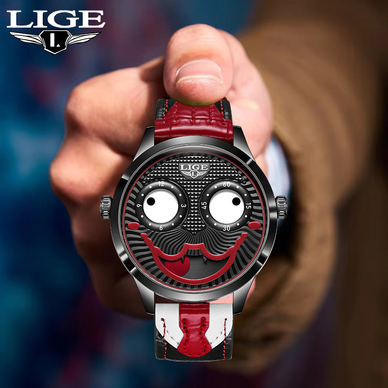 Studio shot: Men's bold chronograph watch, unique animated dial, stainless steel, leather strap.