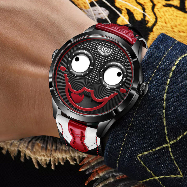 Men's bold chronograph watch with unique animated dial, combining stainless steel & leather.