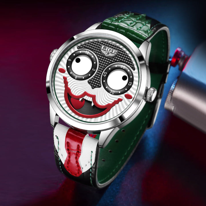 Close-up of men's bold chronograph watch, highlighting the unique animated dial & intricate design.