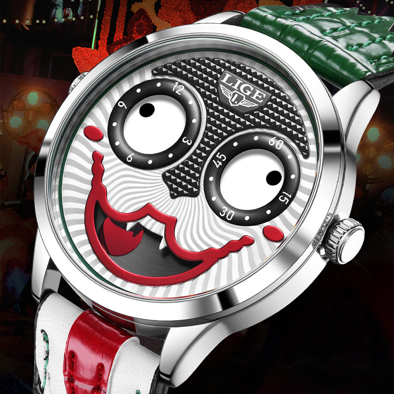 Men's statement piece chronograph watch on a wrist, featuring a unique animated dial & bold design.