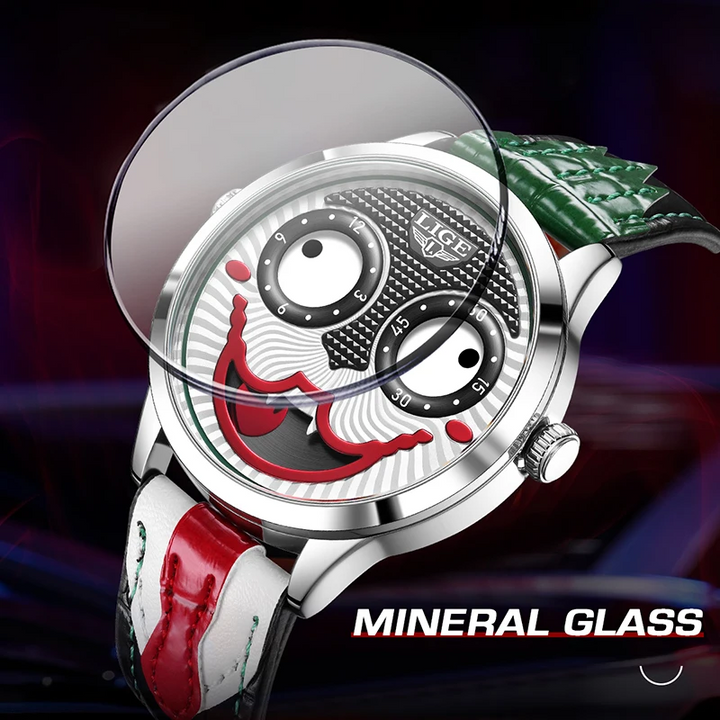 Stainless steel men's bold chronograph watch, featuring an animated dial and elegant leather strap.