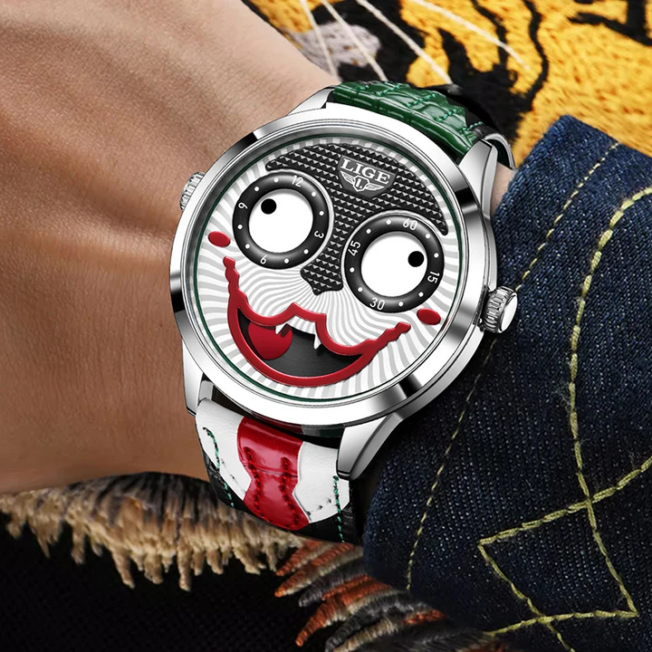 Men's bold fashion watch with animated dial & black leather strap, perfect for a modern look.